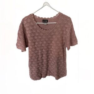 Quo-Silk Women's Dusty Rose Crochet Short Sleeve Silk Blend Jacquard Top Sz M